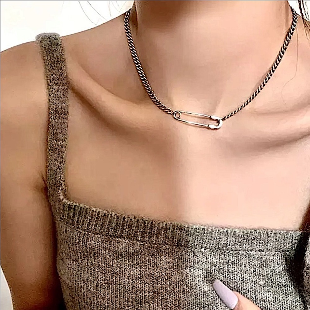 Safety Pin Sterling Silver Chain Link Minimalist Necklace - Picture 2 of 6